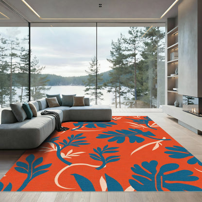 Vibrant Teal Leaf Scroll Orange Rug