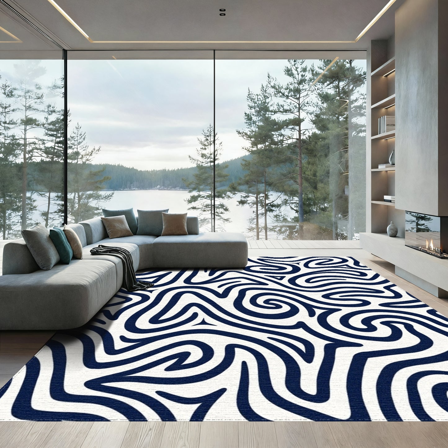 Navy Wavy Lines Abstract Rug