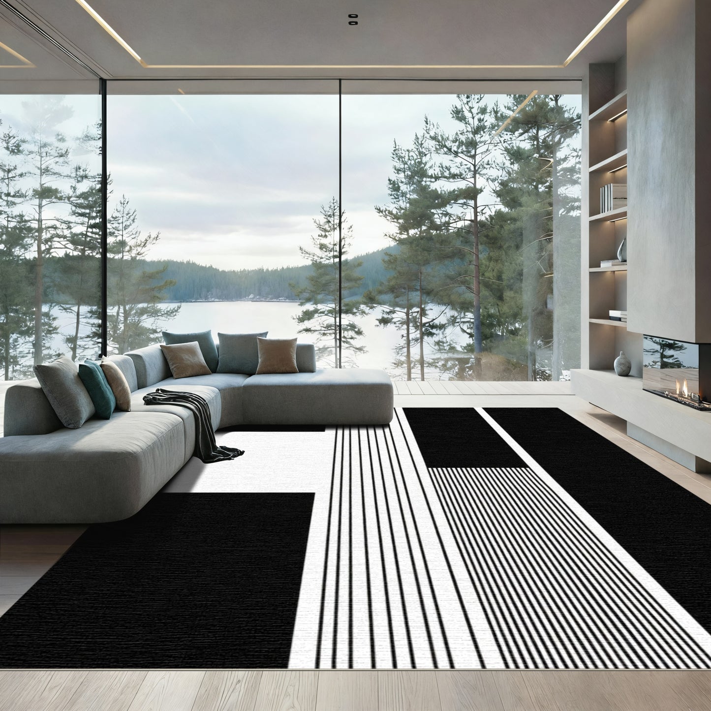 Modern Black White Vertical Lines Rug