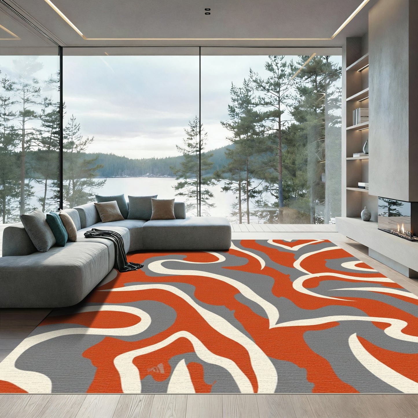 Abstract Orange Gray Swirl Rug
