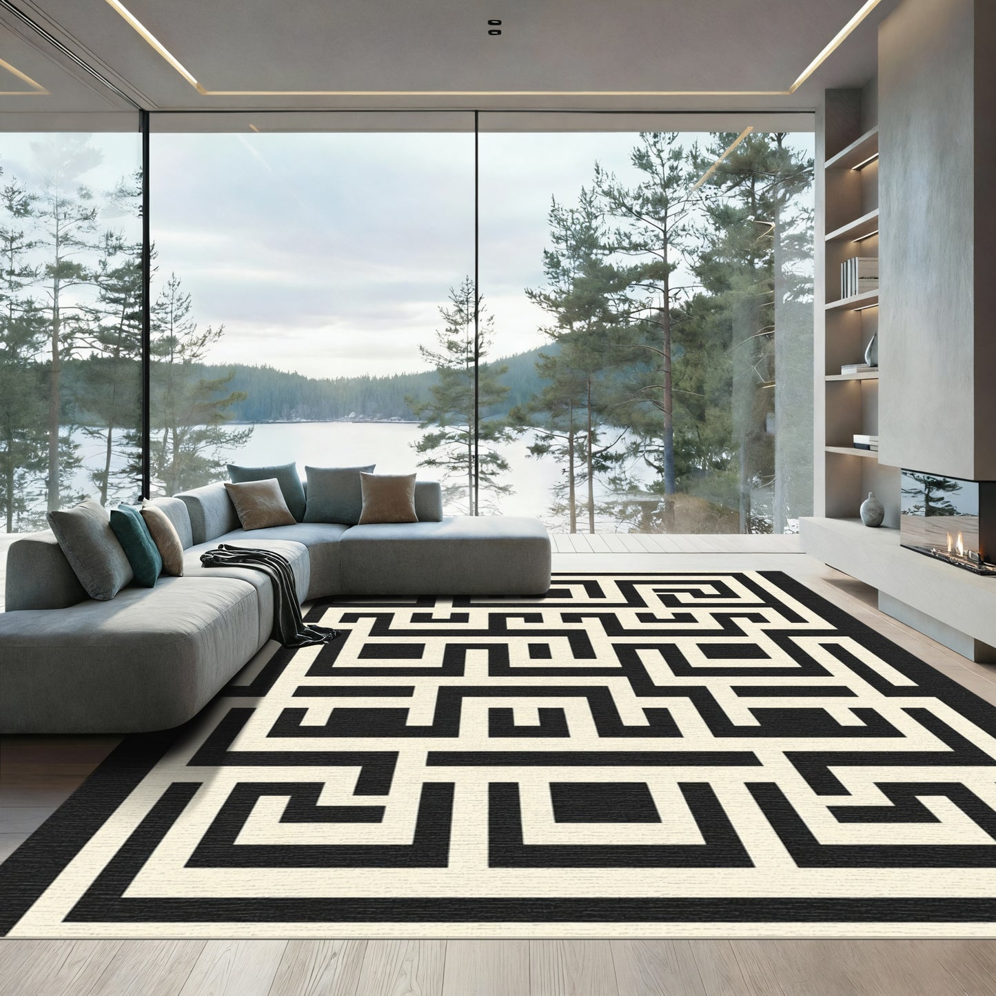 Geometric Black Beige Maze Rug