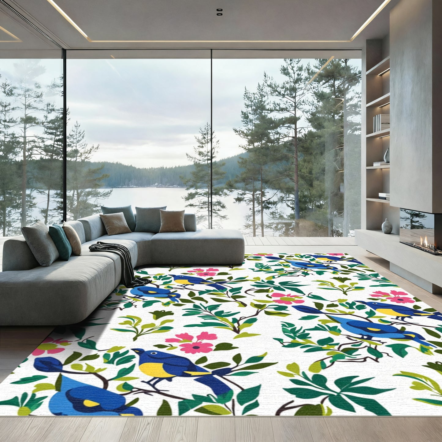 Bright Blue Birds Pink Flowers Foliage Rug
