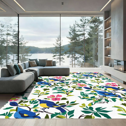 Bright Blue Birds Pink Flowers Foliage Rug