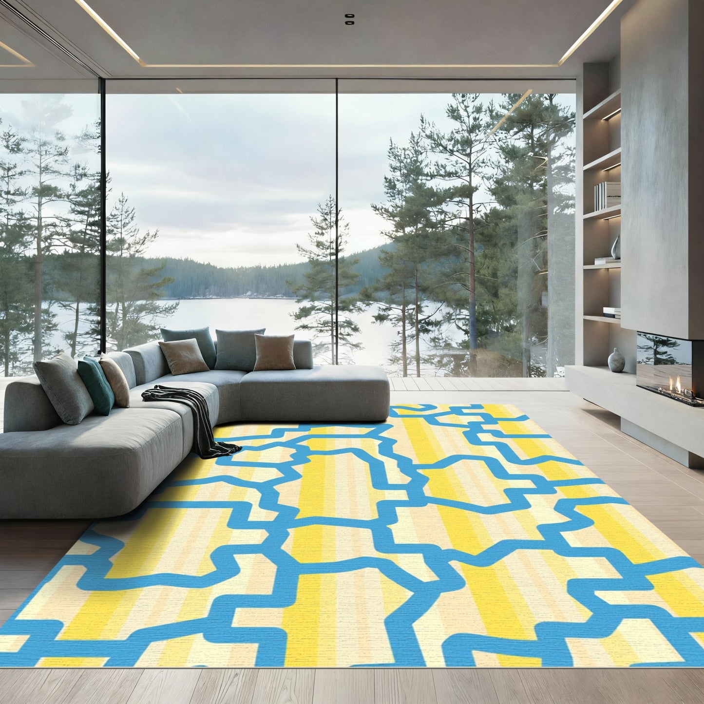 Blue Abstract Geometric Yellow Stripe Rug