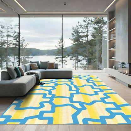 Blue Abstract Geometric Yellow Stripe Rug