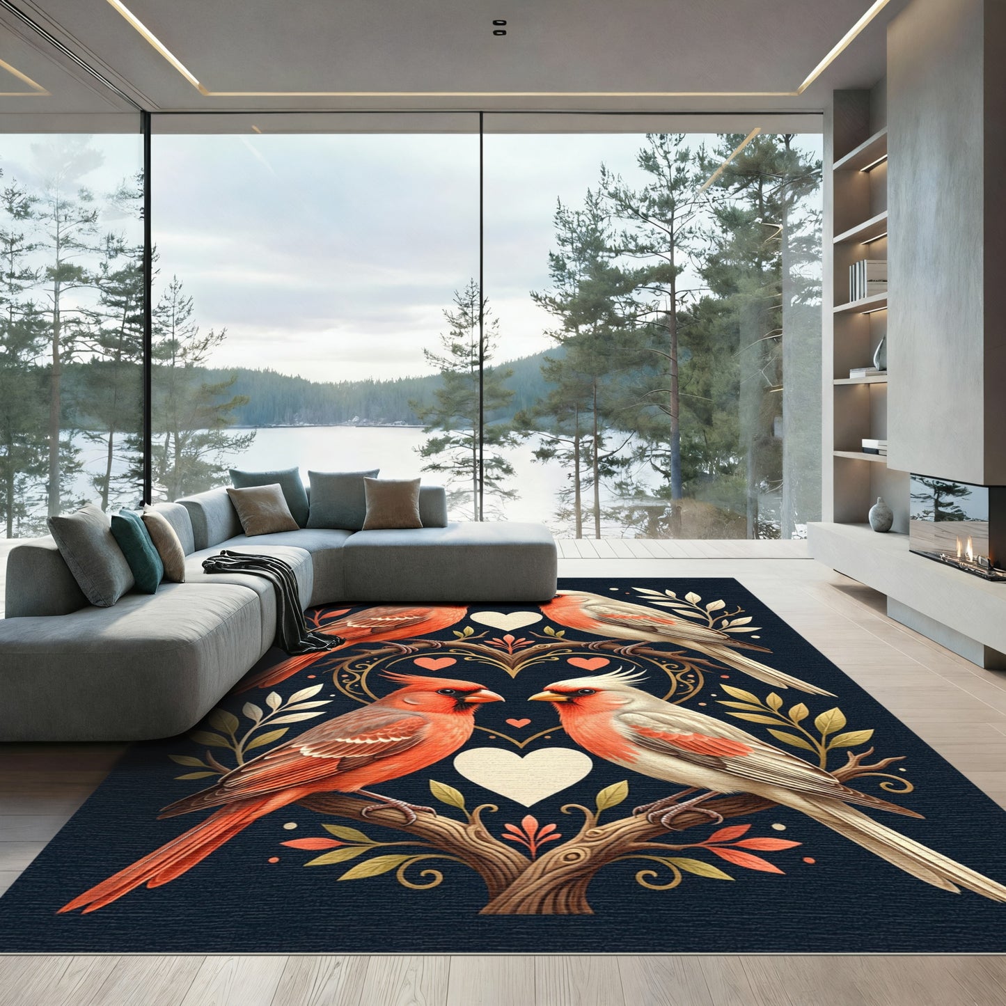 Romantic Cardinal Love Hearts Garden Rug