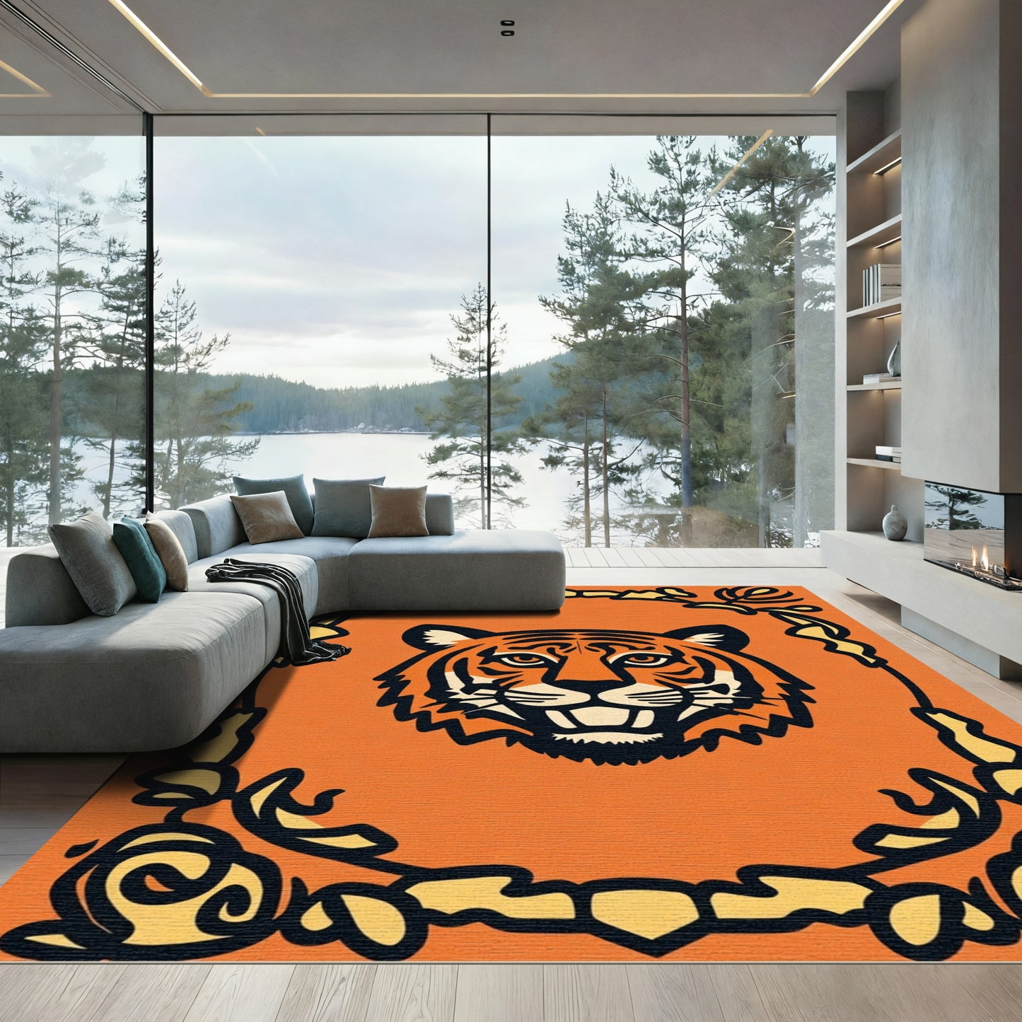 Bold Orange Tiger Floral Accent Rug