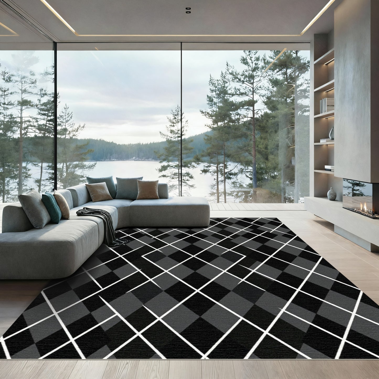 Dark Gray White Diamond Intersecting Lines Rug