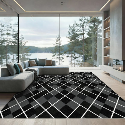 Dark Gray White Diamond Intersecting Lines Rug