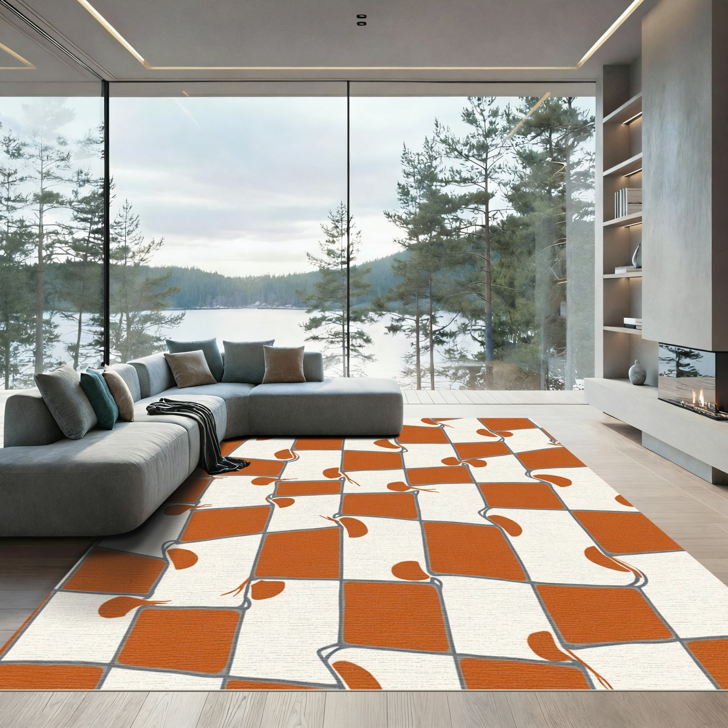 Terracotta White Wavy Checkerboard Rug