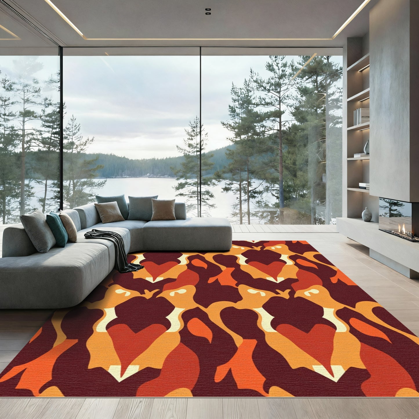 Crimson Orange Abstract Camouflage Shapes Rug