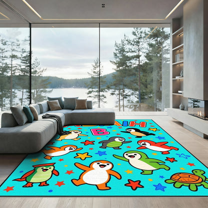 Vibrant Cartoon Penguin Alphabet Aqua Rug