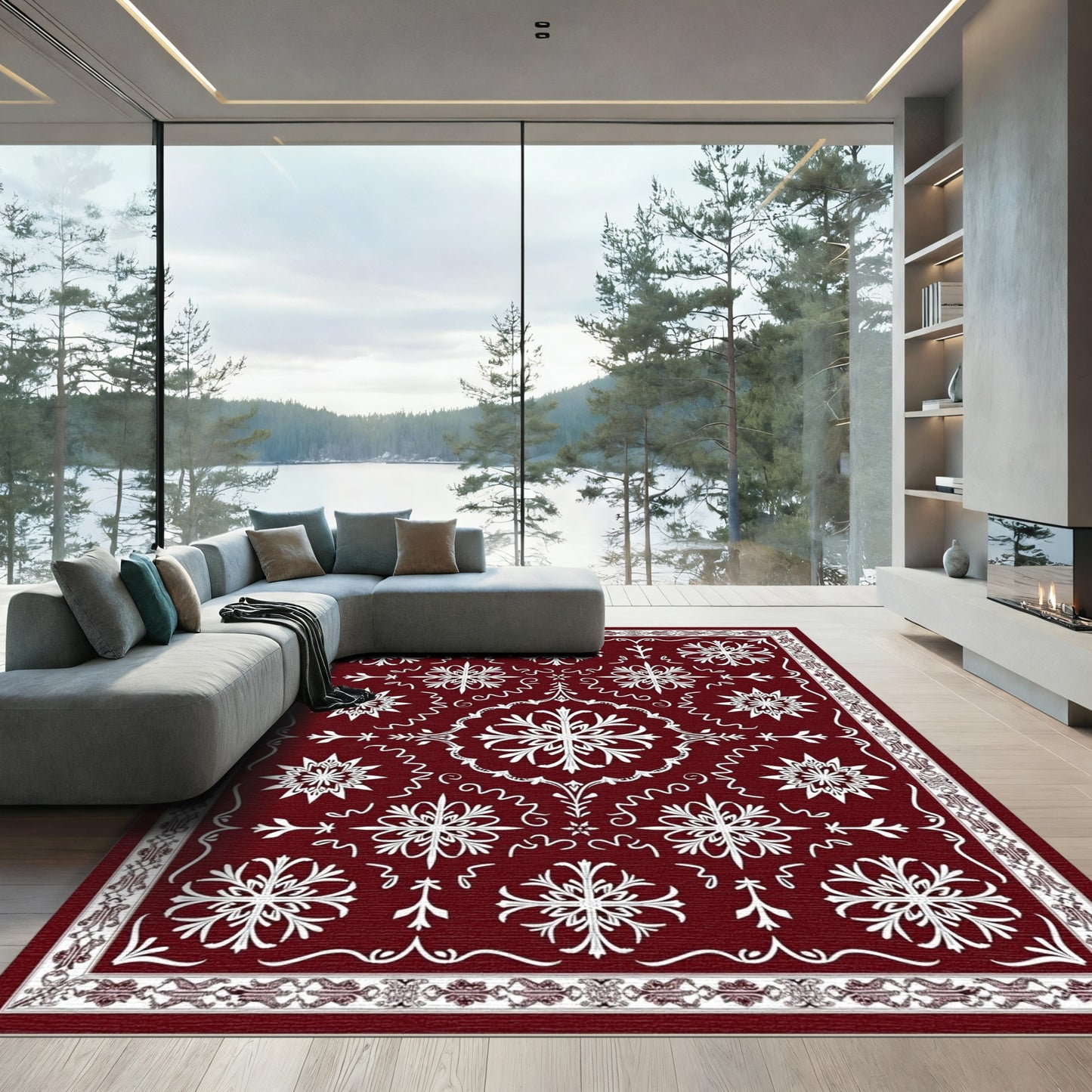 Deep Red Snowflake Starburst Medallion Rug