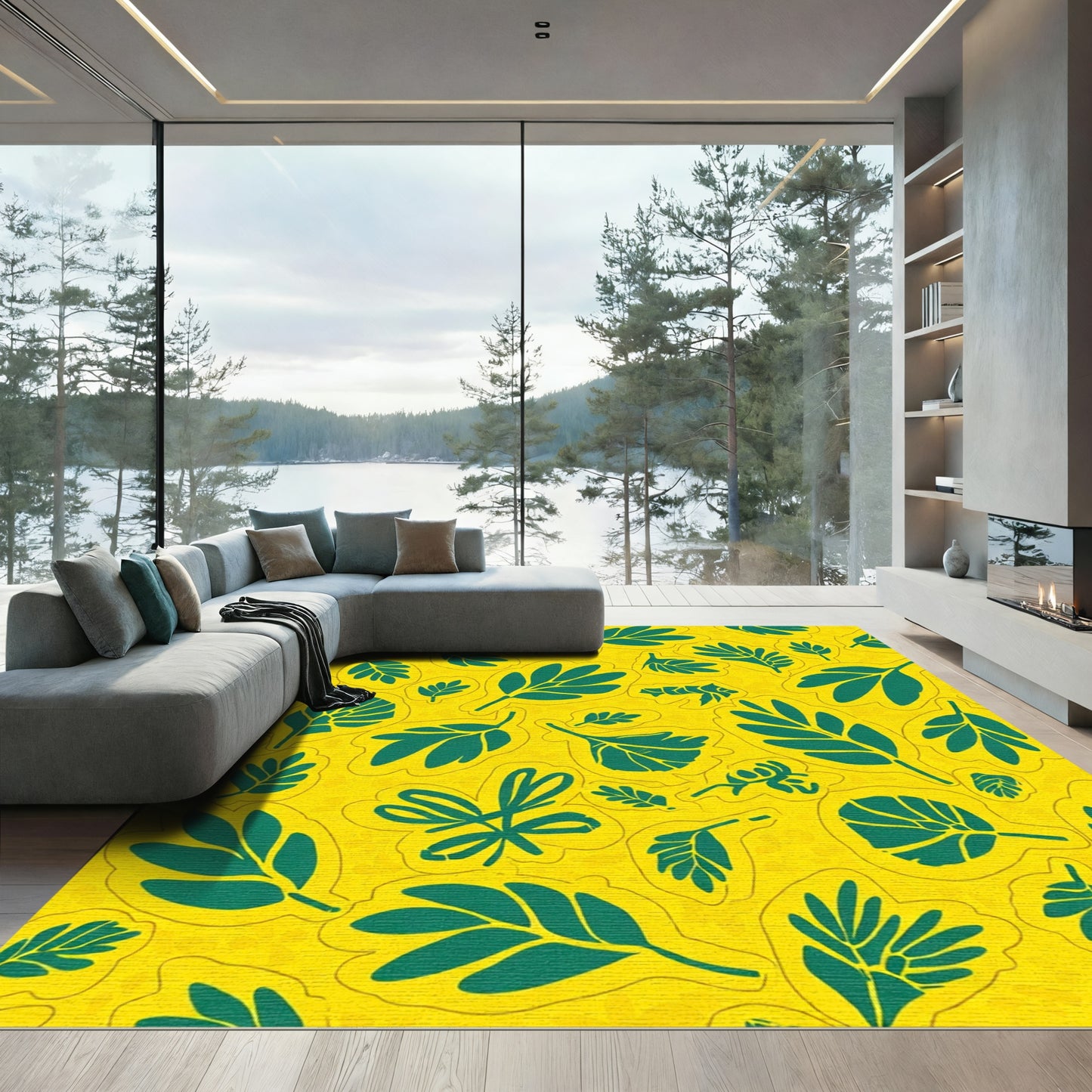Vibrant Yellow Green Leafy Garden Rug
