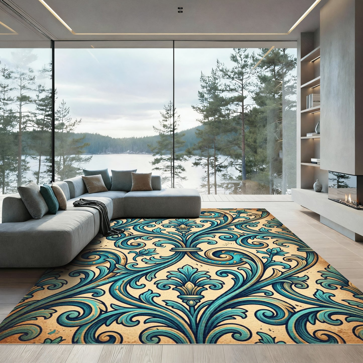 Aqua Gold Vintage Scrollwork Accents Rug