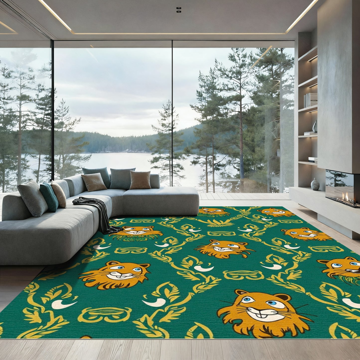 Playful Orange Feline Emerald Vines Rug