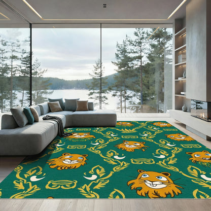 Playful Orange Feline Emerald Vines Rug