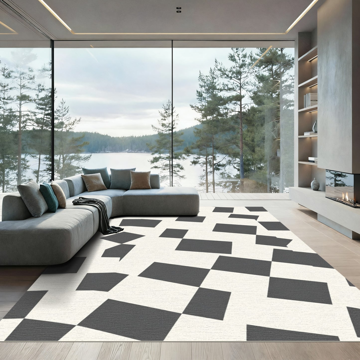 Abstract Black White Checkered Collage Rug