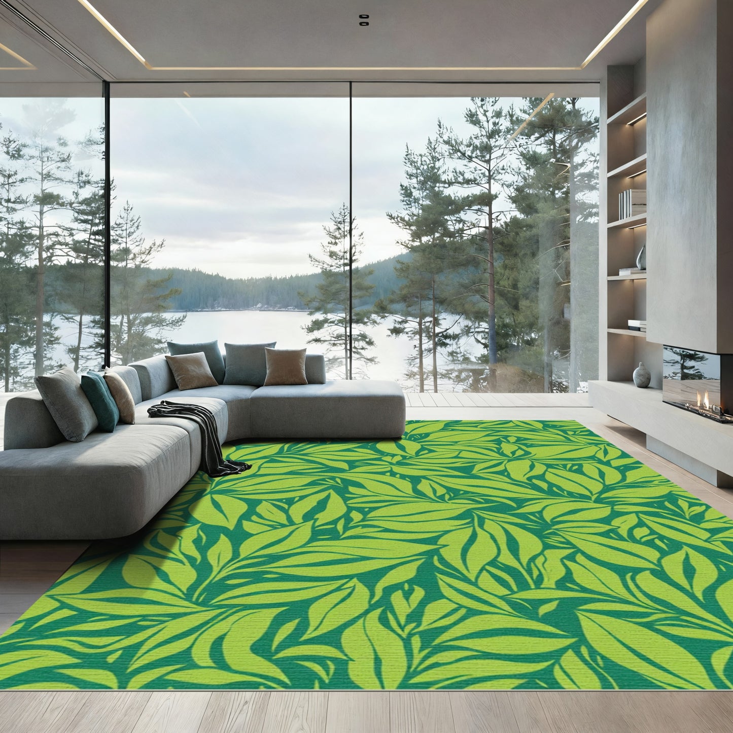 Vibrant Lime Green Leafy Embrace Rug