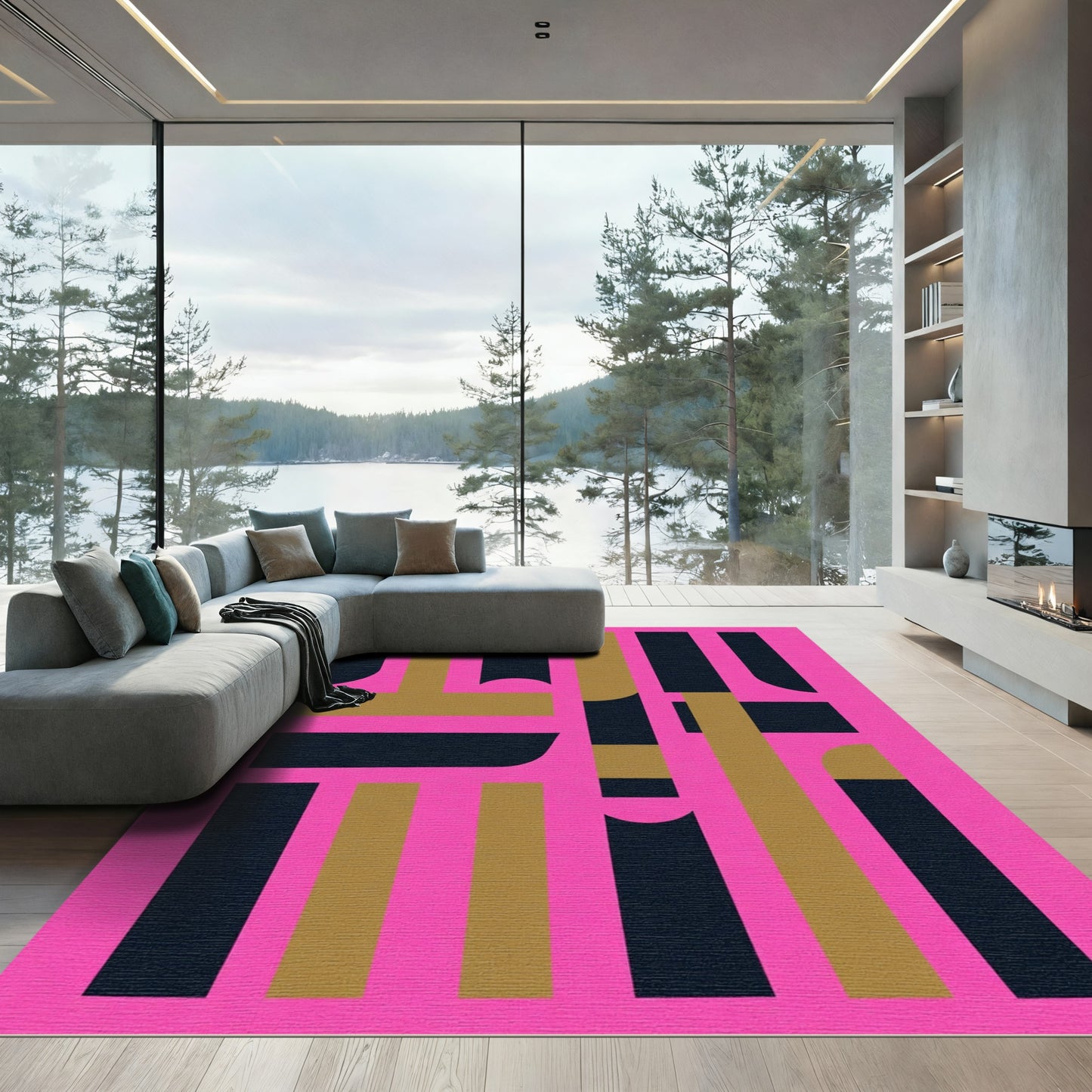 Bright Pink Abstract Geometric Composition Rug