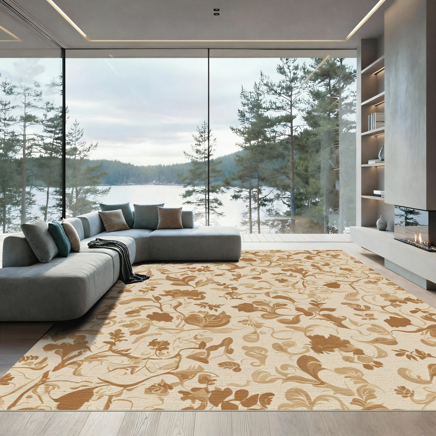 Brown Floral Swirls Contemporary Rug