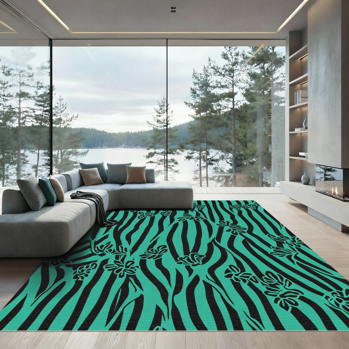 Teal Black Floral Stripe Rug