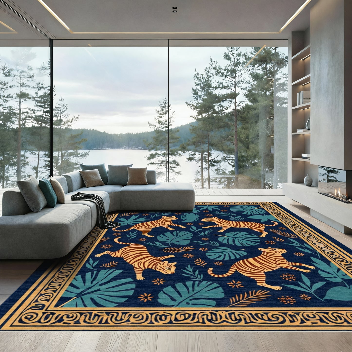Golden Tigers Blue Jungle Border Rug
