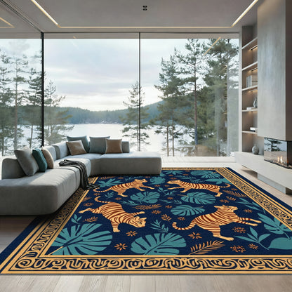 Golden Tigers Blue Jungle Border Rug