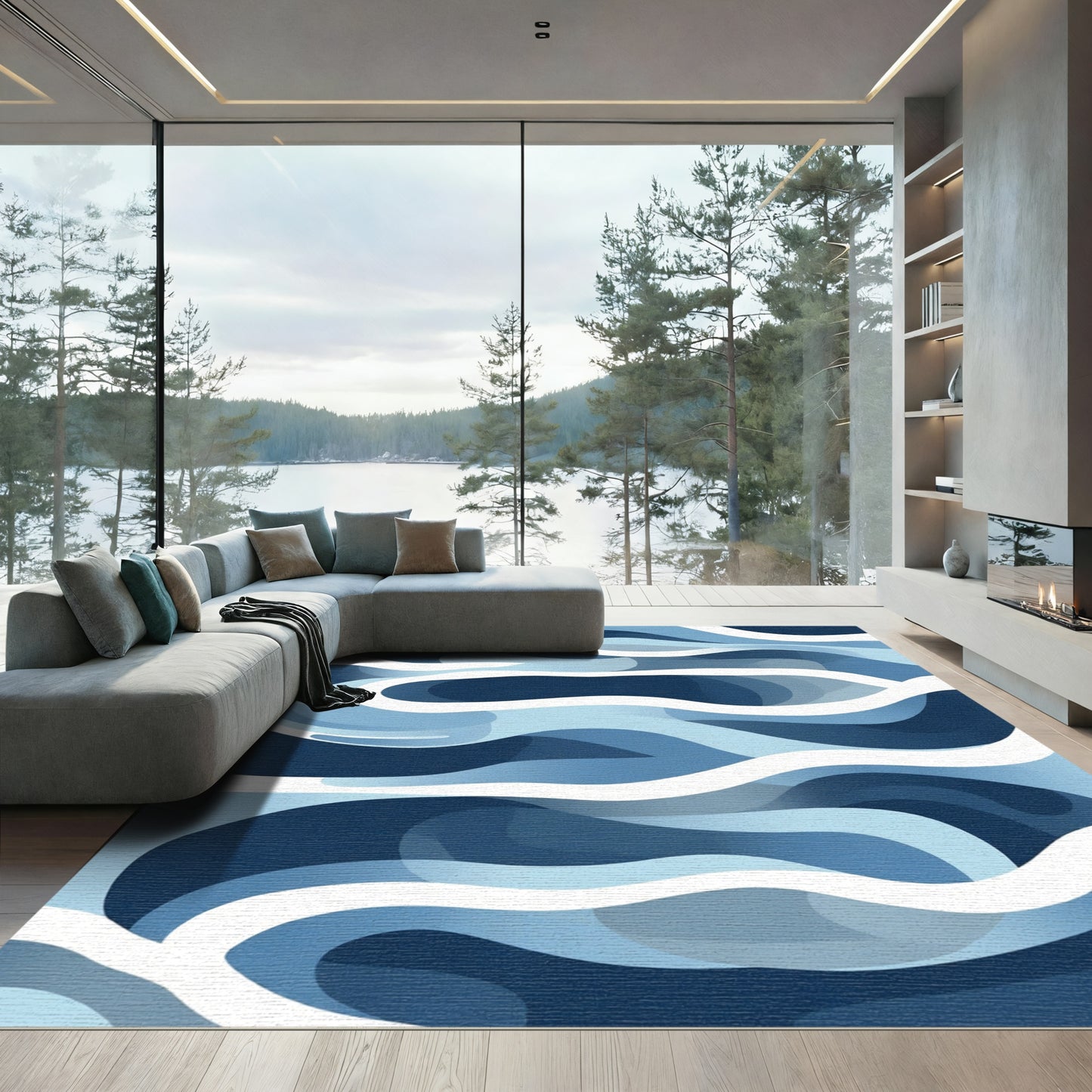 Deep Blue Wave Abstract Rug