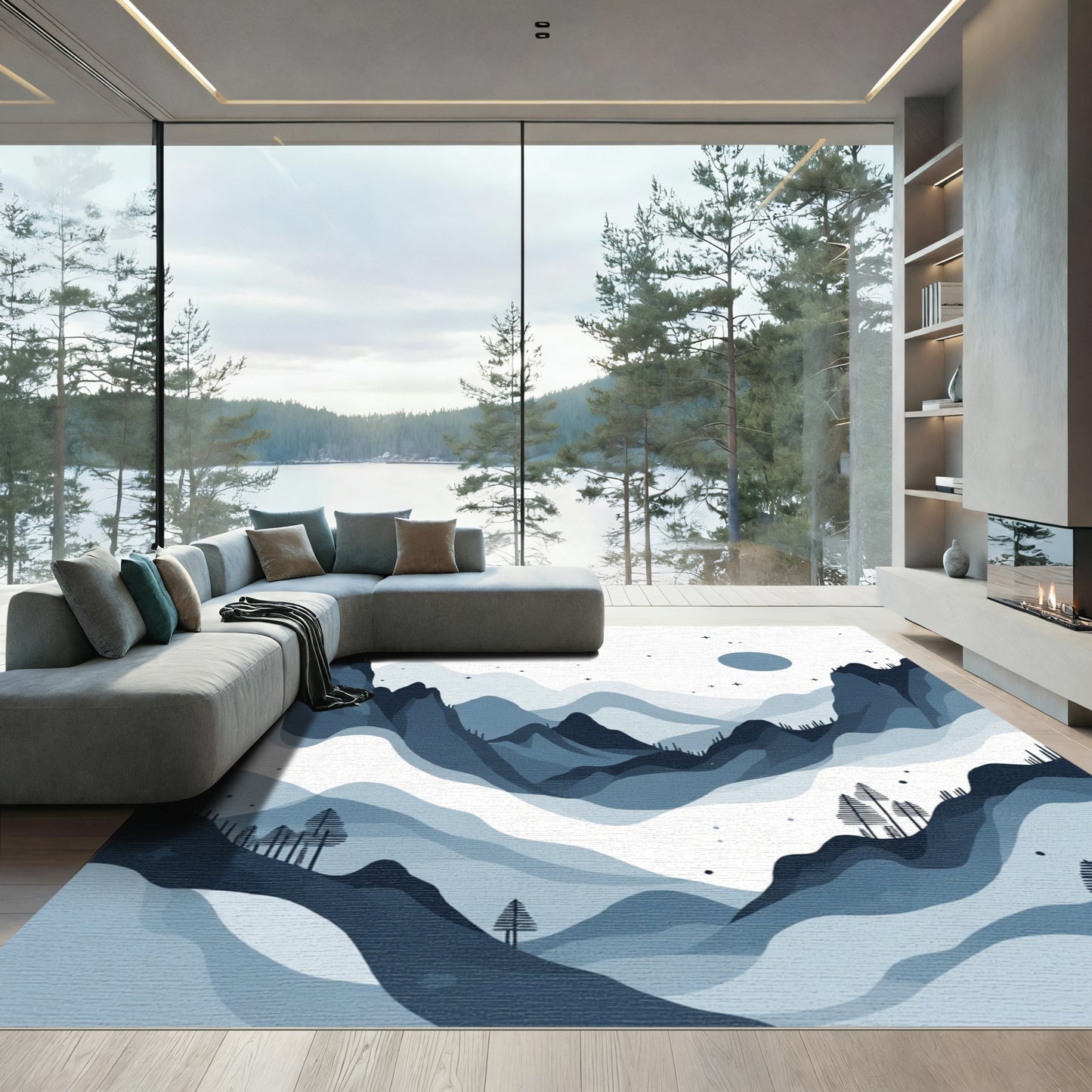 Misty Indigo Mountain Landscape Vista Rug