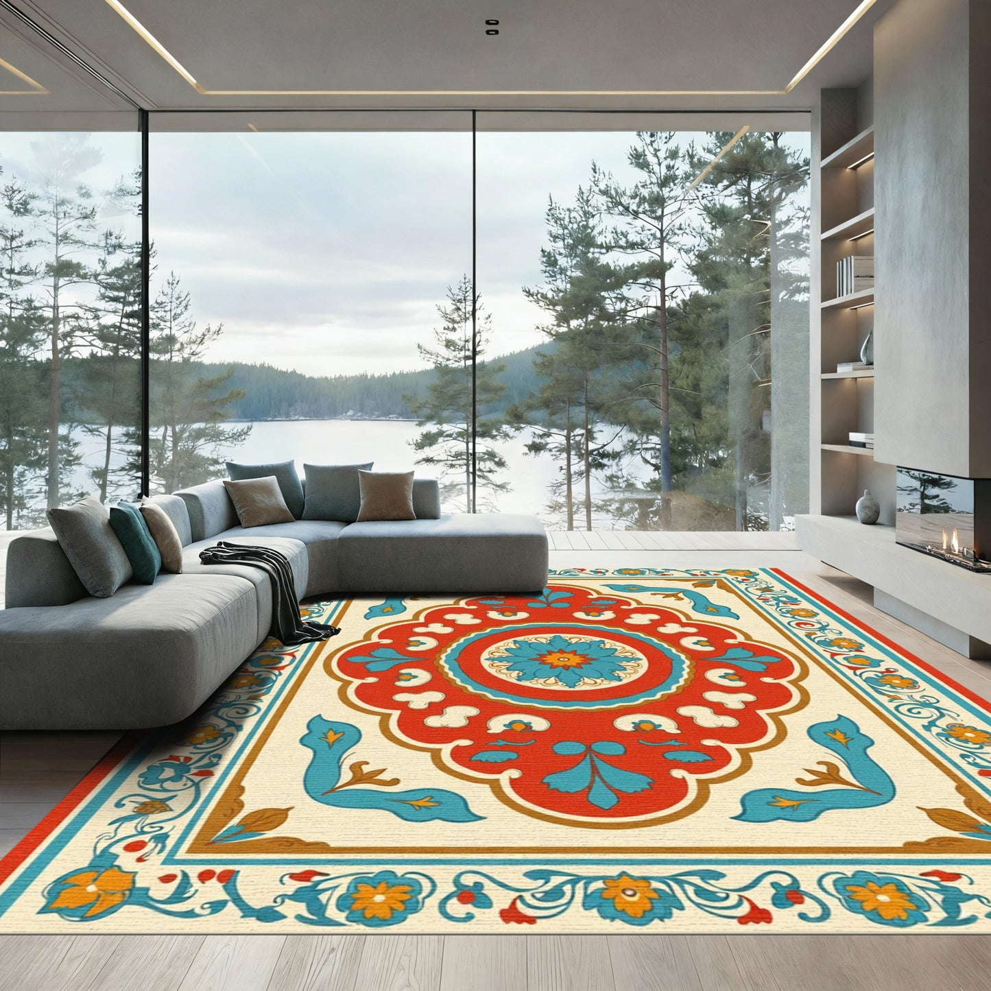 Scarlet Teal Floral Scrollwork Composition Rug
