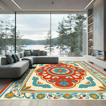 Scarlet Teal Floral Scrollwork Composition Rug