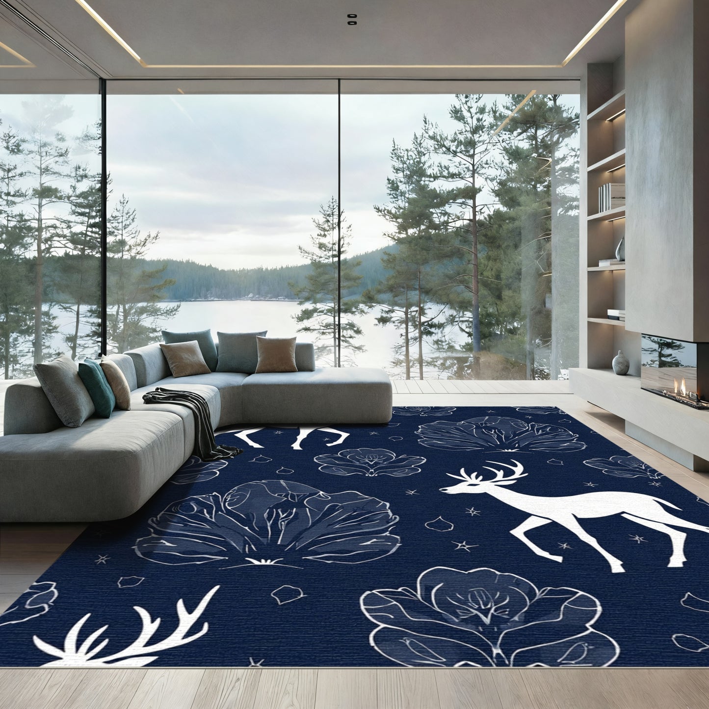 White Stag Floral Meadow Navy Rug