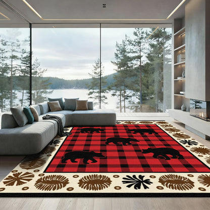 Red Black Buffalo Check Bear Border Rug