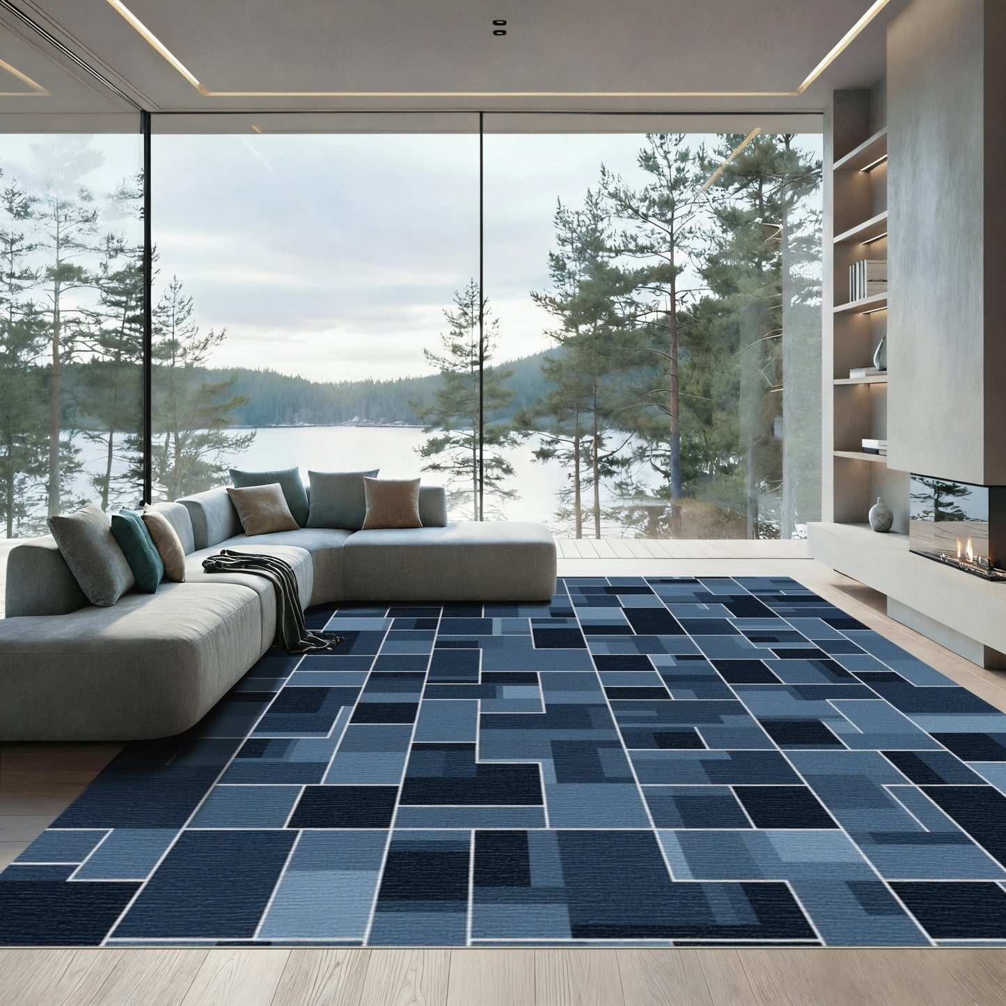 Deep Blue Pixelated Geometric Collage Rug