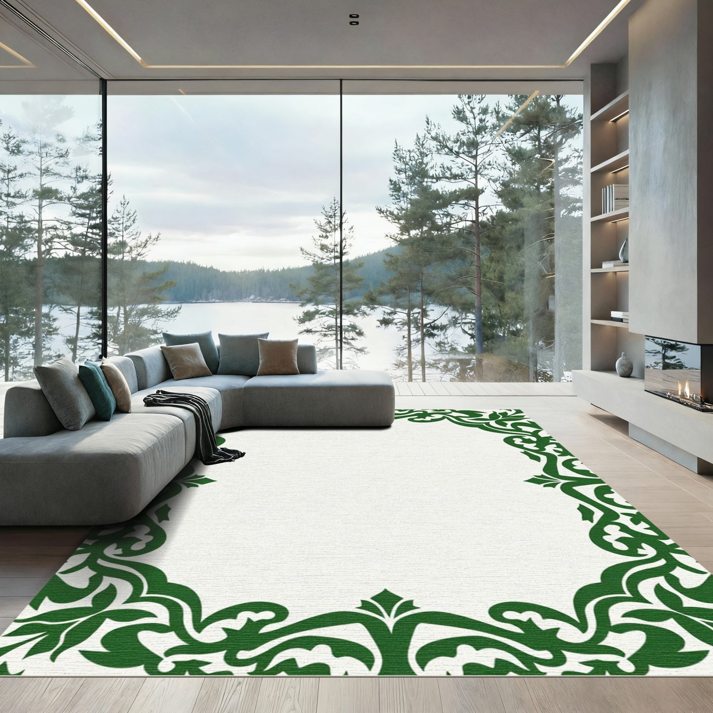 Emerald Green Curving Leaf Scroll Border Rug