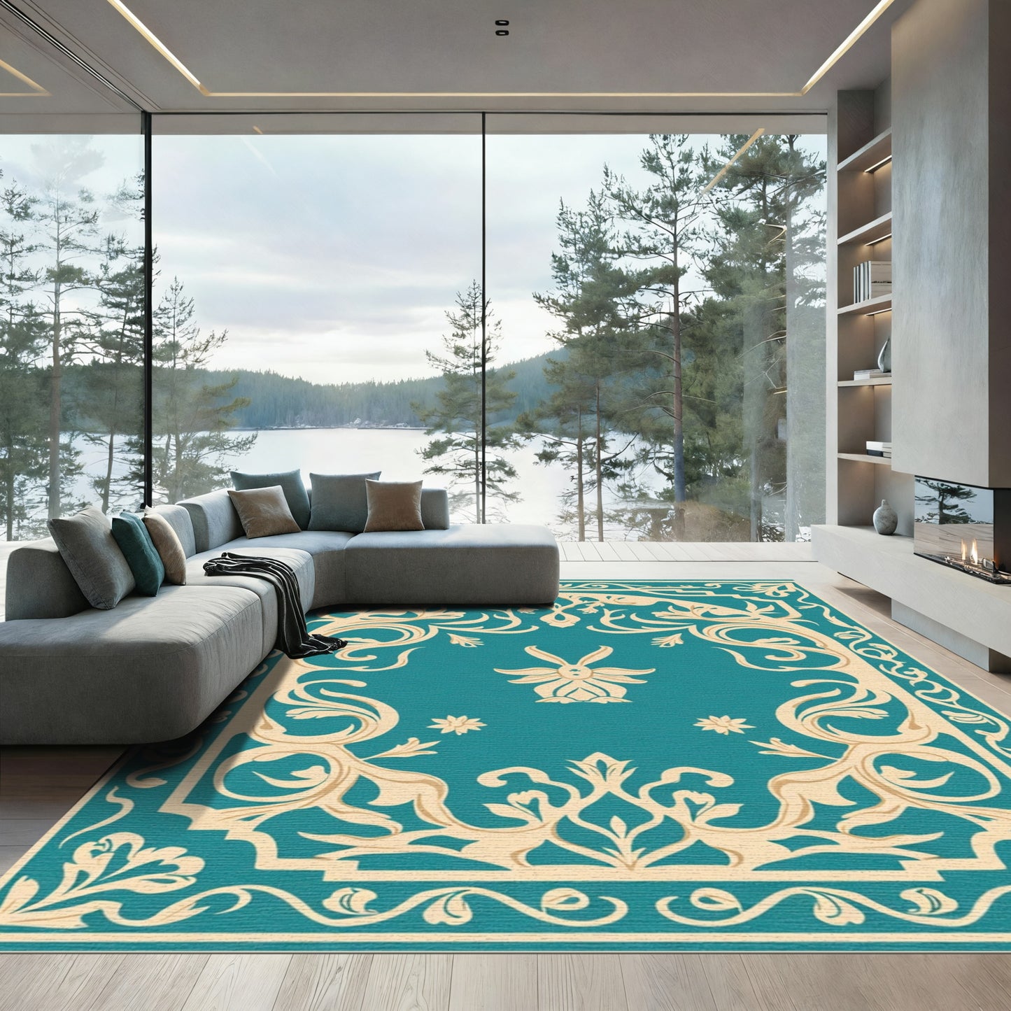 Aquatic Beige Floral Symmetry Rug