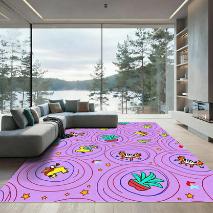 Whimsical Violet Cartoon Creatures Plants Rug