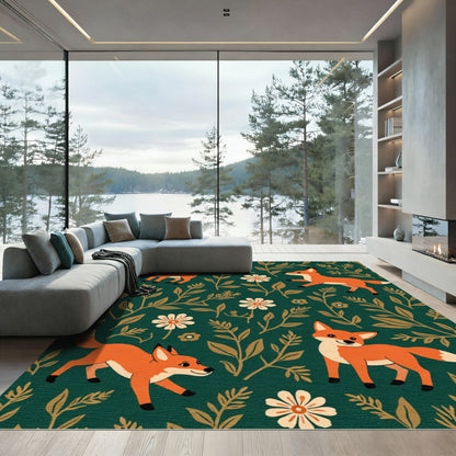 Whimsical Orange Foxes Garden Pattern Rug