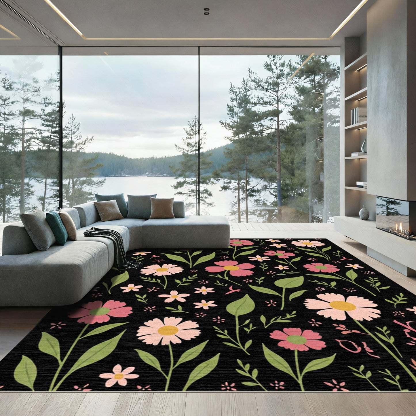Pink and Green Wildflower Garden Rug