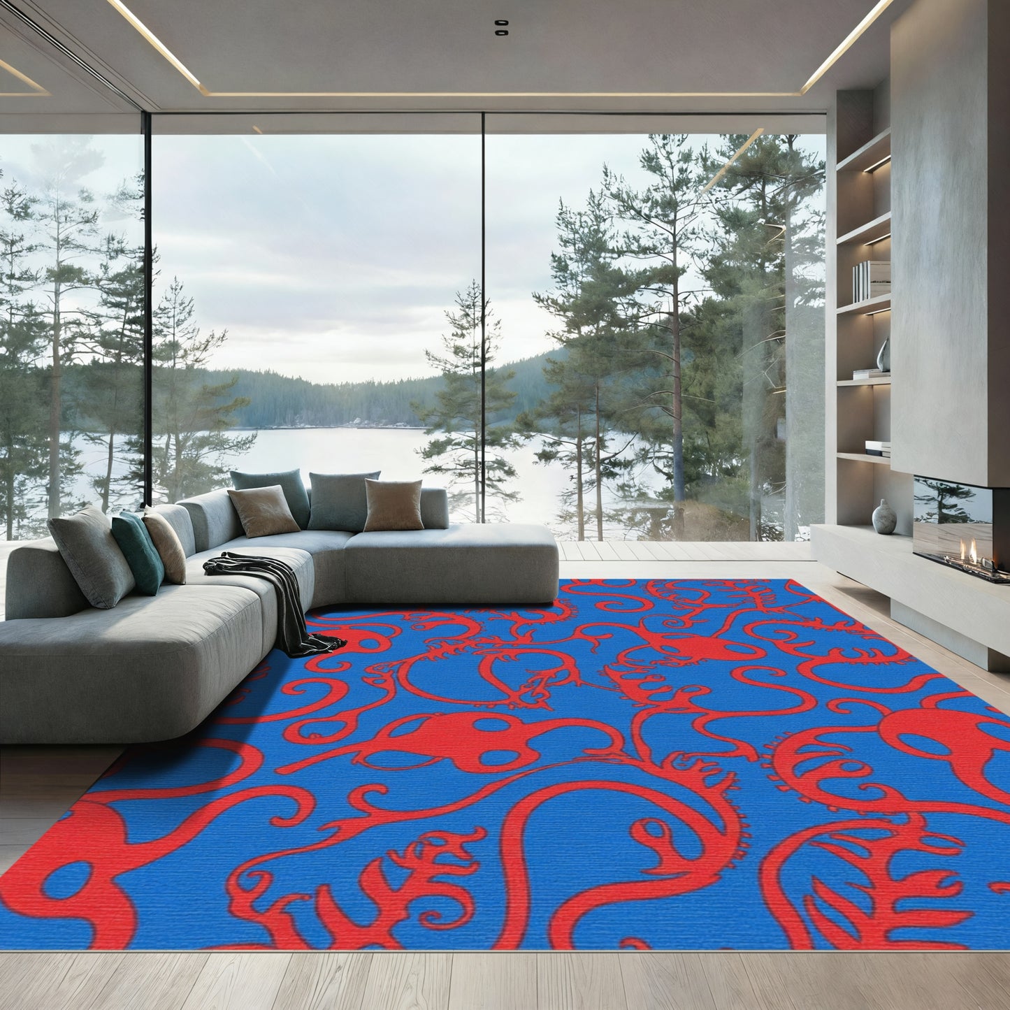 Crimson Abstract Organic Swirls Rug