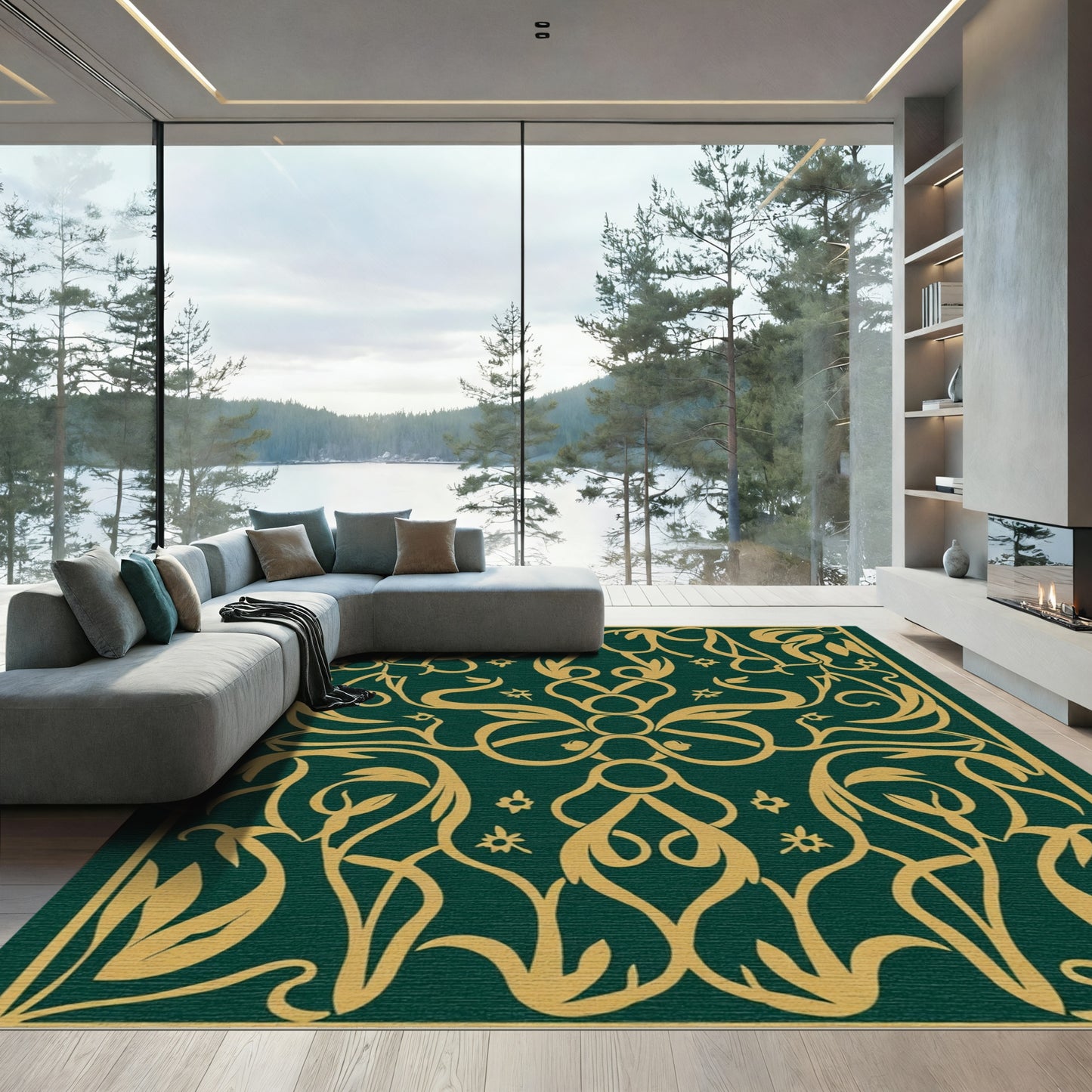 Regal Gold on Deep Green Swirl Leaves Rug