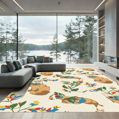 Whimsical Tan Animals Colorful Floral Accents Rug