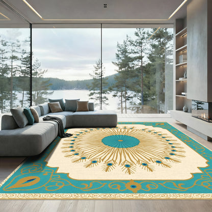 Turquoise Gold Peacock Feather Sunburst Rug