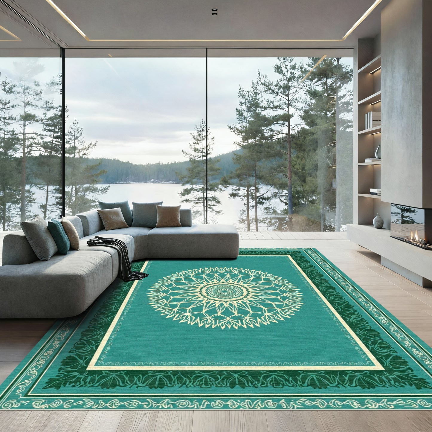 Teal Cream Sunburst Mandala Frame Rug
