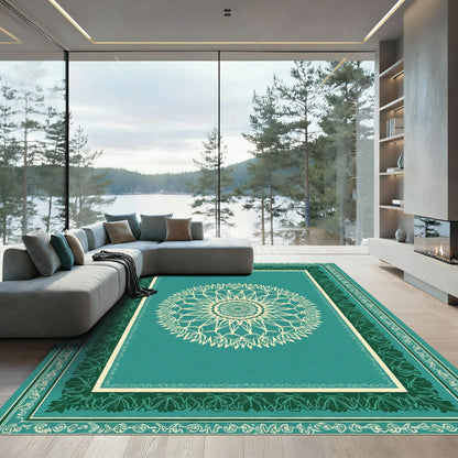 Teal Cream Sunburst Mandala Frame Rug
