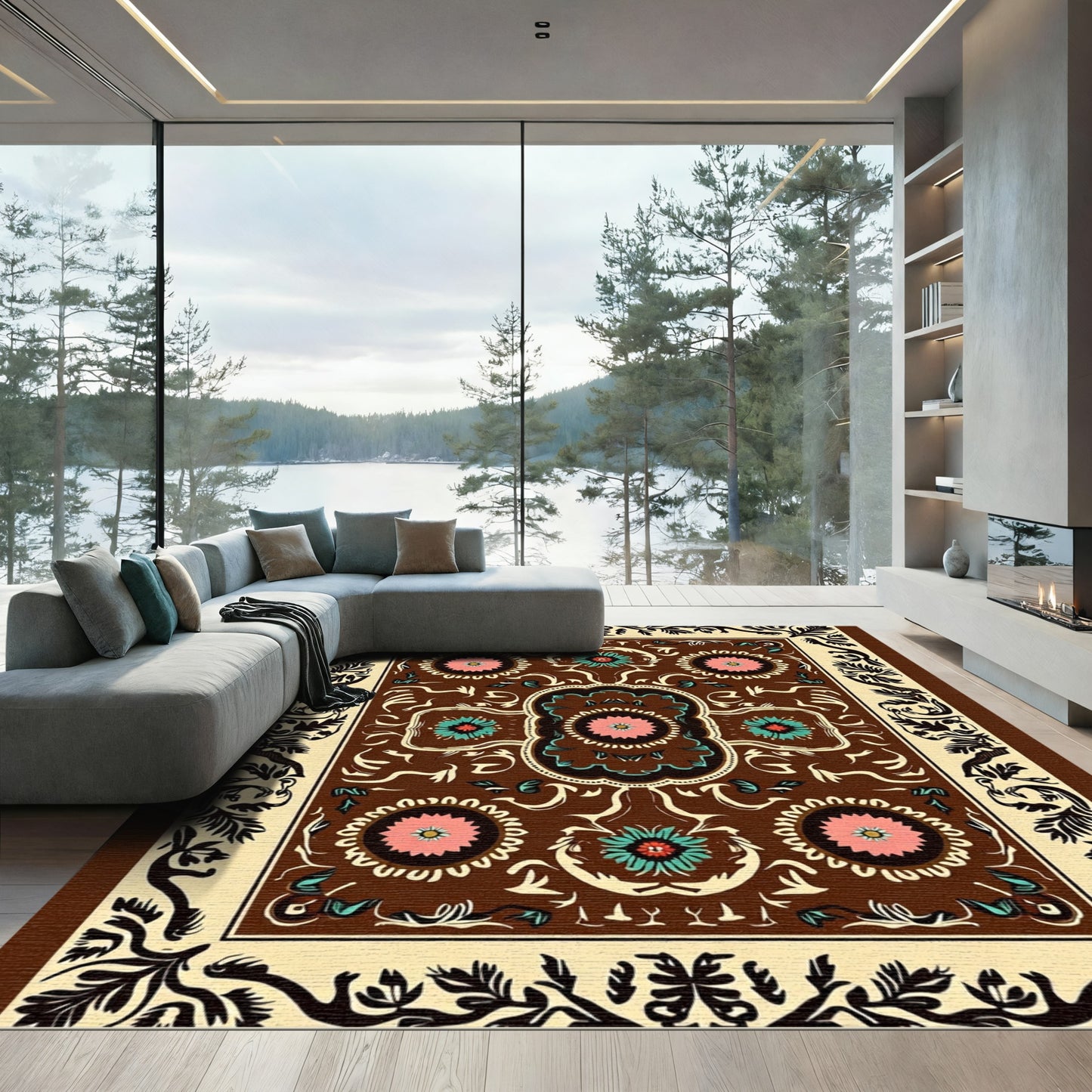 Brown Floral Medallion Cream Border Rug