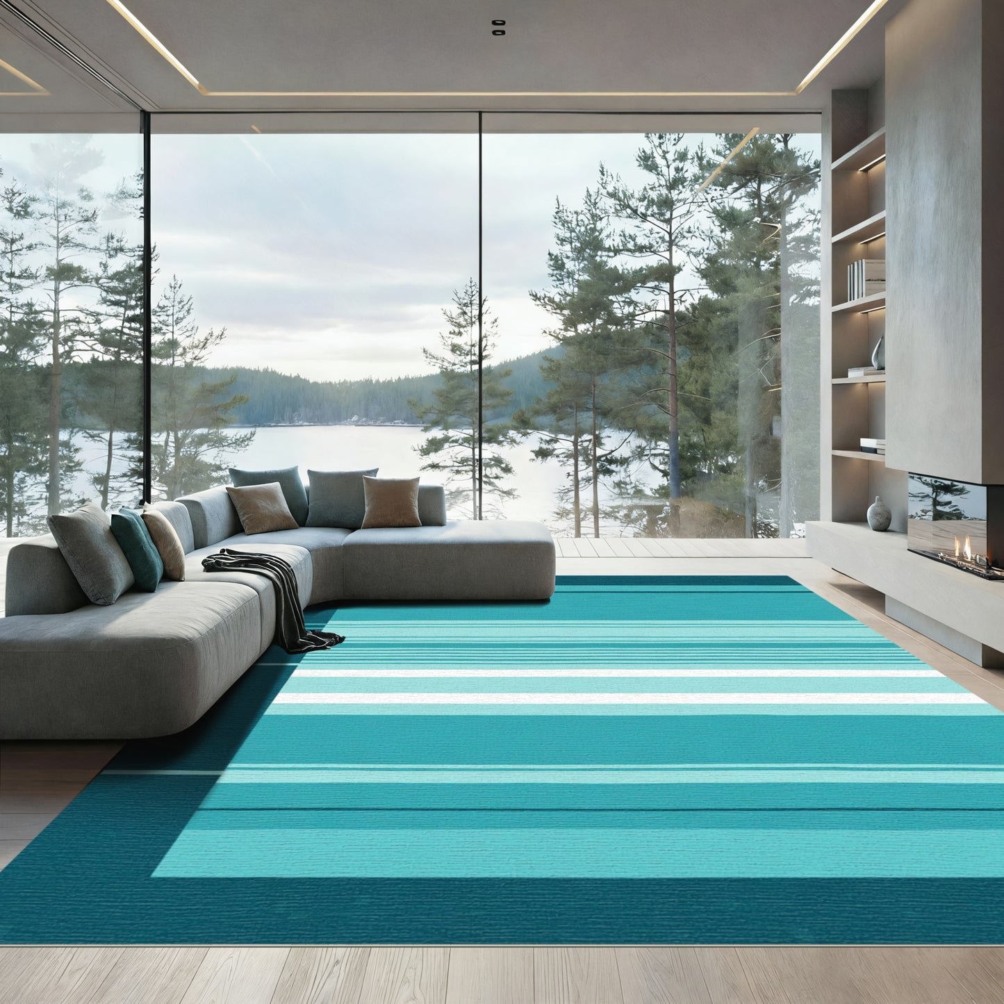 Cool Blue Horizontal Stripe Blanket Rug
