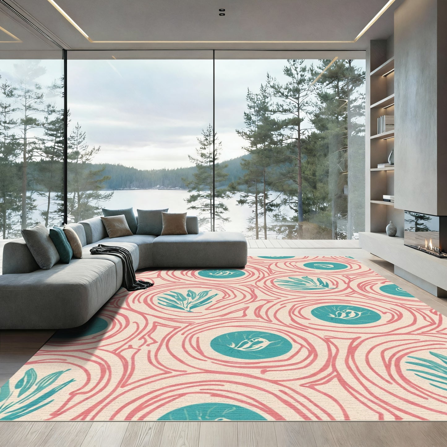 Coral Swirl Teal Floral Medallion Rug