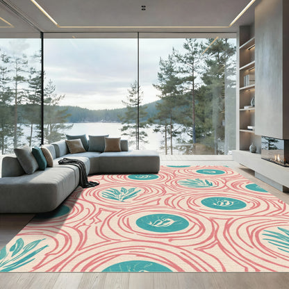 Coral Swirl Teal Floral Medallion Rug